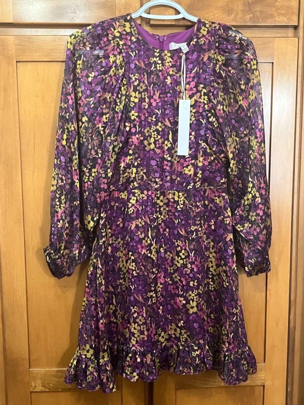 NWT Adelyn Rae Floral Poet Sleeve Mini Dress XS Purple Yellow Ruffle Boho Chic